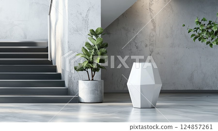 Indoor green and geometric white trash can 124857261