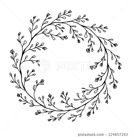 Detailed Botanical Wreath with Fine Leaves. A detailed botanical wreath composed of fine hand-drawn leaves arranged in a circular form, perfect for elegant invitations and branding. 124857283