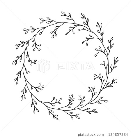 Detailed Botanical Wreath with Fine Leaves. A detailed botanical wreath composed of fine hand-drawn leaves arranged in a circular form, perfect for elegant invitations and branding. Detailed Botanical Wreath with Fine Leaves. A detailed botanical wreath composed of fine hand-drawn leaves arranged in a circular form, perfect for elegant invitations and branding. 124857284