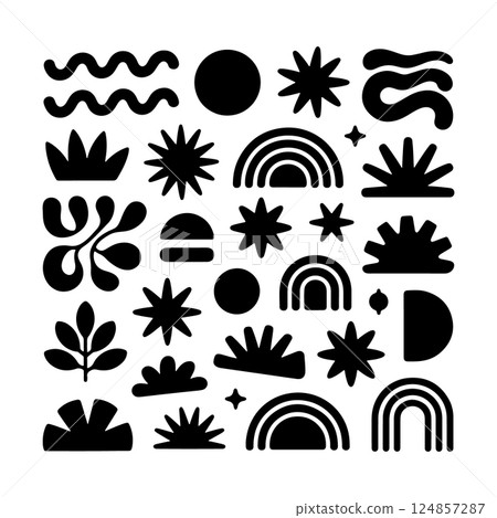 Boho Abstract Square Collage with Nature Motifs. A square boho abstract collage composed of hand-drawn organic symbols. 124857287