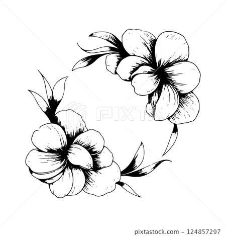 Floral Wreath with Detailed Botanical Elements. A floral wreath with detailed hand-drawn petals and leaves in a botanical style, ideal for logos, invitations, and decorative artwork. Floral Wreath with Detailed Botanical Elements. A floral wreath with detailed hand-drawn petals and leaves in a botanical style, ideal for logos, invitations, and decorative artwork. 124857297