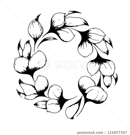Floral Wreath with Detailed Botanical Elements. A floral wreath with detailed hand-drawn petals and leaves in a botanical style, ideal for logos, invitations, and decorative artwork. 124857307
