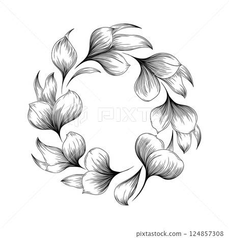 Floral Wreath with Detailed Botanical Elements. A floral wreath with detailed hand-drawn petals and leaves in a botanical style, ideal for logos, invitations, and decorative artwork. 124857308