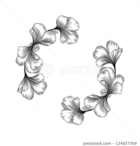 Floral Wreath with Detailed Botanical Elements. A floral wreath with detailed hand-drawn petals and leaves in a botanical style, ideal for logos, invitations, and decorative artwork. 124857309