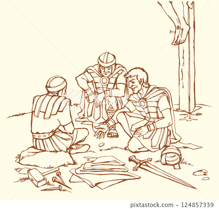 Vector drawing. Soldiers at the cross. 124857339
