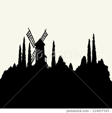 Vector drawing. Old mill in the field 124857343
