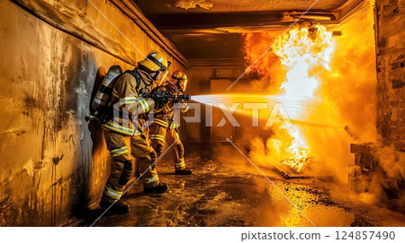 Incredible work of firefighters as they navigate through treacherous conditions to protect lives and property. These images capture their resilience, bravery, and unwavering commitment to their duty. 124857490