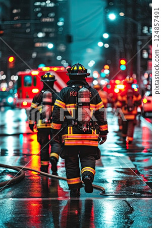 911. Firefighters at work against the backdrop of a raging flame. Powerful images showcasing firefighters in action, fearlessly combating fires to protect lives and property. 124857491