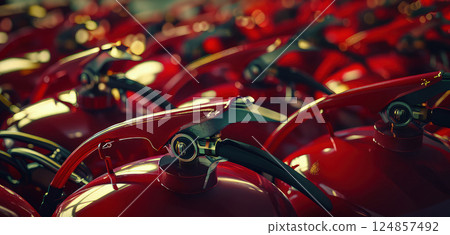 Fire safety. Several fire extinguishers. First line of defense: Fire extinguishers strategically placed, ready to tackle any unexpected blaze. 124857492