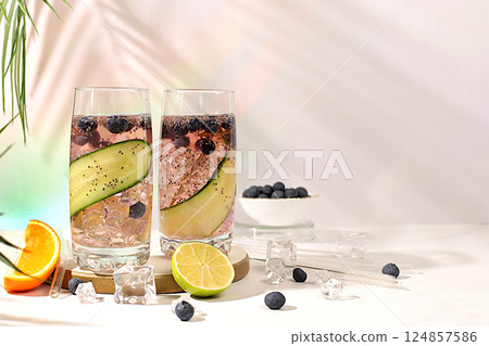 Cold homemade lemonade or cocktail with chia seeds, blueberries, lemon, cucumber and lime on a sunny table, Detox diet and summer party concept. Refreshing summer drink recipe, restaurant menu Cold homemade lemonade or cocktail with chia seeds, blueberries, lemon, cucumber and lime on a sunny table, Detox diet and summer party concept. Refreshing summer drink recipe, restaurant menu 124857586