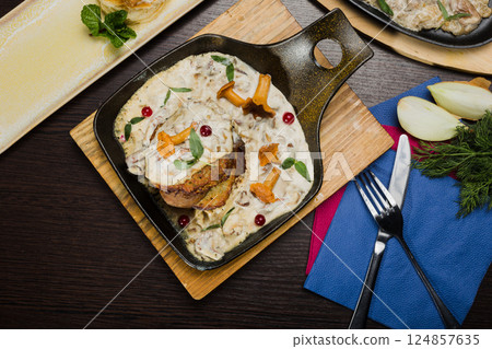 Set of potato pancakes with mushrooms, meat in 124857635