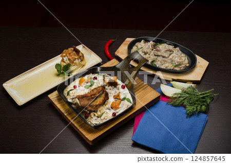 Set of potato pancakes with mushrooms, meat in 124857645