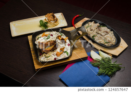 Set of potato pancakes with mushrooms, meat in Set of potato pancakes with mushrooms, meat in 124857647