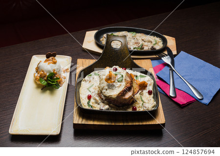 Set of potato pancakes with mushrooms, meat in 124857694