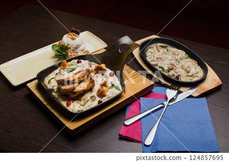 Set of potato pancakes with mushrooms, meat in 124857695