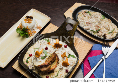 Set of potato pancakes with mushrooms, meat in Set of potato pancakes with mushrooms, meat in 124857696