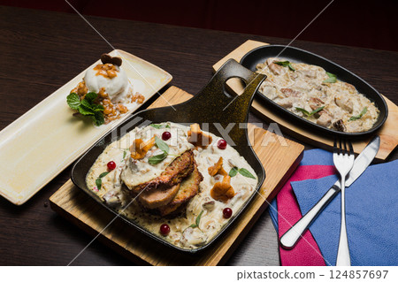 Set of potato pancakes with mushrooms, meat in Set of potato pancakes with mushrooms, meat in 124857697