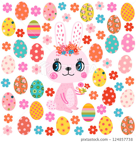 Cute Easter bunny vector animal with eggs and flowers, spring greeting card, poster or banner Cute Easter bunny vector animal with eggs and flowers, spring greeting card, poster or banner 124857738