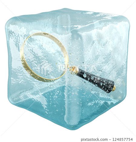 Loupe frozen in ice cube. Frozen search, concept. 3D rendering 124857754