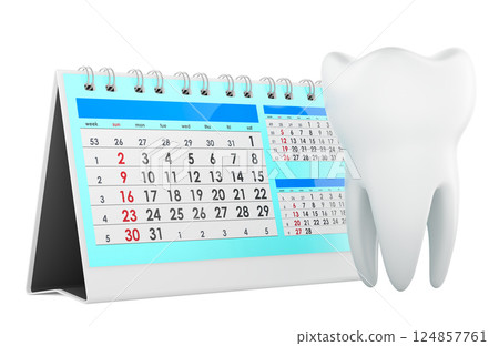 Tooth and desk calendar. Dentist date, concept. 3D rendering Tooth and desk calendar. Dentist date, concept. 3D rendering 124857761