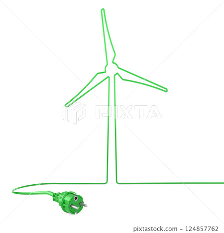 Wind turbine from green power cable and plug. Green and clean alternative energy, concept. 3D rendering 124857762