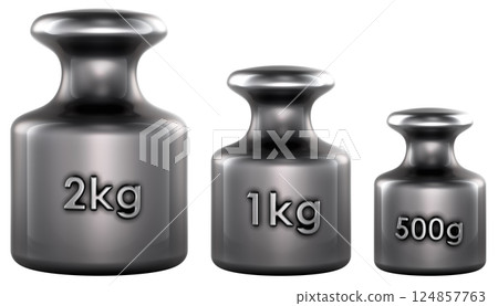2kg, 1kg, 500g weights. Cast iron, calibration weight. 3D rendering 2kg, 1kg, 500g weights. Cast iron, calibration weight. 3D rendering 124857763