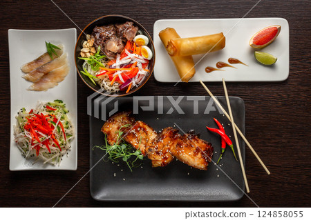 A set of Japanese dishes on the table A set of Japanese dishes on the table 124858055