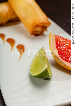 Japanese stuffed pancakes on a white plate with Japanese stuffed pancakes on a white plate with 124858078