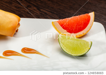 Japanese stuffed pancakes on a white plate with Japanese stuffed pancakes on a white plate with 124858083
