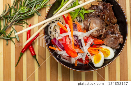 Beef Tail Soup with Egg and Vegetables, Japanese Beef Tail Soup with Egg and Vegetables, Japanese 124858157
