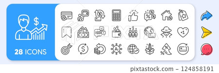 Calculator, Wallet and Fraud line icons. Interest rate, AI generate, Inflation icons. Pack of Cash back, Internet pay, Discounts chat icon. Loyalty tags, Meeting, Renew card pictogram. Vector 124858191