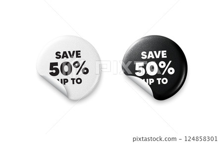 Discount sticker tags. Glitter paper price badge. Save up to 50 percent tag. Discount Sale offer price sign. Special offer symbol. Offer round sticker. Promo banner. Vector Discount sticker tags. Glitter paper price badge. Save up to 50 percent tag. Discount Sale offer price sign. Special offer symbol. Offer round sticker. Promo banner. Vector 124858301