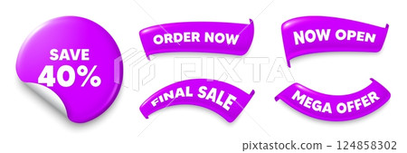 Discount purple sticker, Sale offer ribbons. Final sale, Order now. Save 40 percent off tag. Sale Discount offer price sign. Special offer symbol. Sticker badge. Flag ribbon banners. Vector 124858302