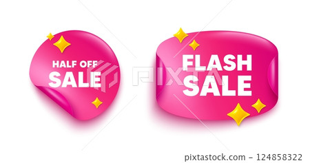 Half off sale sticker tag. Flash offer paper price banner. Half off sale. Special offer price sign. Advertising discounts symbol. Discount sticker with 3d glitter. Vector 124858322
