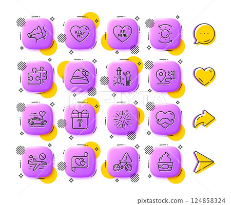 Secret gift, Bike attention and Sun protection line icons. App 3d buttons. Social media comment, share, like icons. Pack of Honeymoon travel, Journey, Puzzle icon. Vector 124858324