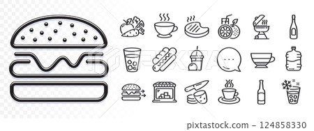 Tea cup, Americano and Ice tea line icons for web app. Glare of light effect. Message icon. Pack of Orange juice, Vegetables, Food delivery pictogram icons. Vector 124858330