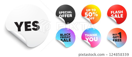 Yes sticker tag. Special offer paper price tags. Yes text tag. Approved ok message. Done or Good deal symbol. Discount, black friday sticker. Promo banner. Vector 124858339
