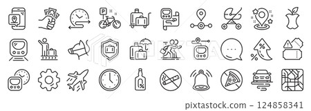 Underground line icons. Settings gear, Message, Inflation icons. Subway map, Station location, Metro rules. Dog on leash, Apple core, No smoking outline icons. Vector Underground line icons. Settings gear, Message, Inflation icons. Subway map, Station location, Metro rules. Dog on leash, Apple core, No smoking outline icons. Vector 124858341