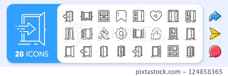 Entrance line icons. Interest rate, AI generate, Inflation icons. Open door, Building entry, Emergency exit. Closed doorway, Doorframe, House entrance outline icons. Vector 124858365