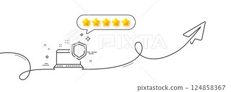 Computer security line icon. Continuous line with share plane. Laptop privacy sign. Online safe defense symbol. Five star rate review in speech bubble. Computer security single line ribbon. Vector Computer security line icon. Continuous line with share plane. Laptop privacy sign. Online safe defense symbol. Five star rate review in speech bubble. Computer security single line ribbon. Vector 124858367