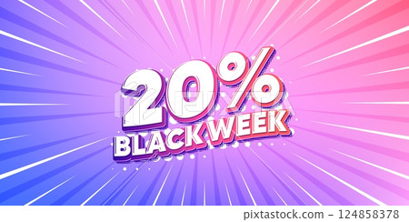 Black week sun rays gradient banner. Light burst background. Black week 20 percent sale. Special discount sign. Black friday offer symbol. Gradient sun rays. Sunburst light. Vector 124858378