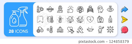 Weariness, Alcohol free and Vaccine protection line icons. Interest rate, AI generate, Inflation icons. Pack of Coronavirus pills, Fever, People vaccination icon. Vector 124858379