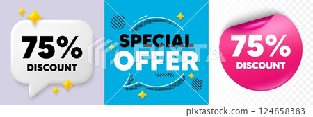Discount speech bubble. 3d sparkles chat, Paper sticker. 75 percent discount tag. Sale offer price sign. Special offer symbol. Special offer bubble. Halftone dots pattern. Vector Discount speech bubble. 3d sparkles chat, Paper sticker. 75 percent discount tag. Sale offer price sign. Special offer symbol. Special offer bubble. Halftone dots pattern. Vector 124858383
