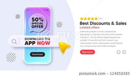 Discount mobile phone banner. App chat speech bubble. 50 percent discount offer tag. Sale price promo sign. Special offer symbol. Phone template with search bar. Download the app now. Vector Discount mobile phone banner. App chat speech bubble. 50 percent discount offer tag. Sale price promo sign. Special offer symbol. Phone template with search bar. Download the app now. Vector 124858385