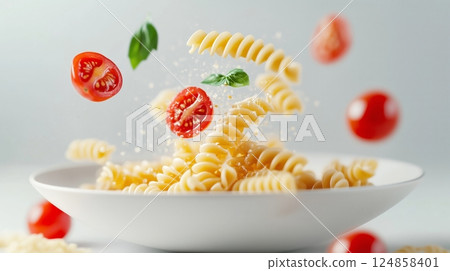Delicious Pasta Dish with Fresh Tomatoes and Basil Garnish Delicious Pasta Dish with Fresh Tomatoes and Basil Garnish 124858401