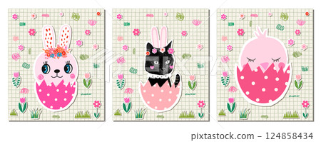 Cute vector set with black cat, bunny and chicken in Easter eggs, Funny animal illustration background 124858434
