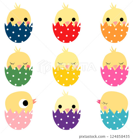 Cute Easter hatching chicks in colorful eggs Cute Easter hatching chicks in colorful eggs 124858435