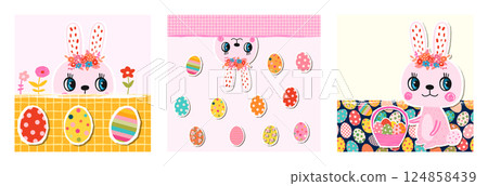 Cute vector Easter greeting cards set with pink bunny, basket, flowers and eggs in flat style for kids and baby designs 124858439