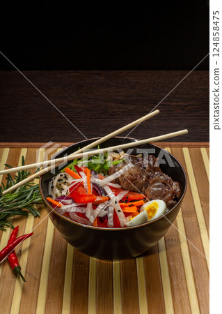 Beef Tail Soup with Egg and Vegetables, Japanese Beef Tail Soup with Egg and Vegetables, Japanese 124858475