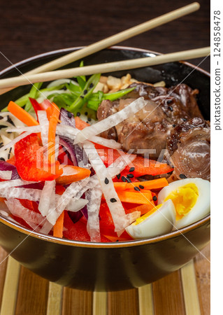Beef Tail Soup with Egg and Vegetables, Japanese 124858478